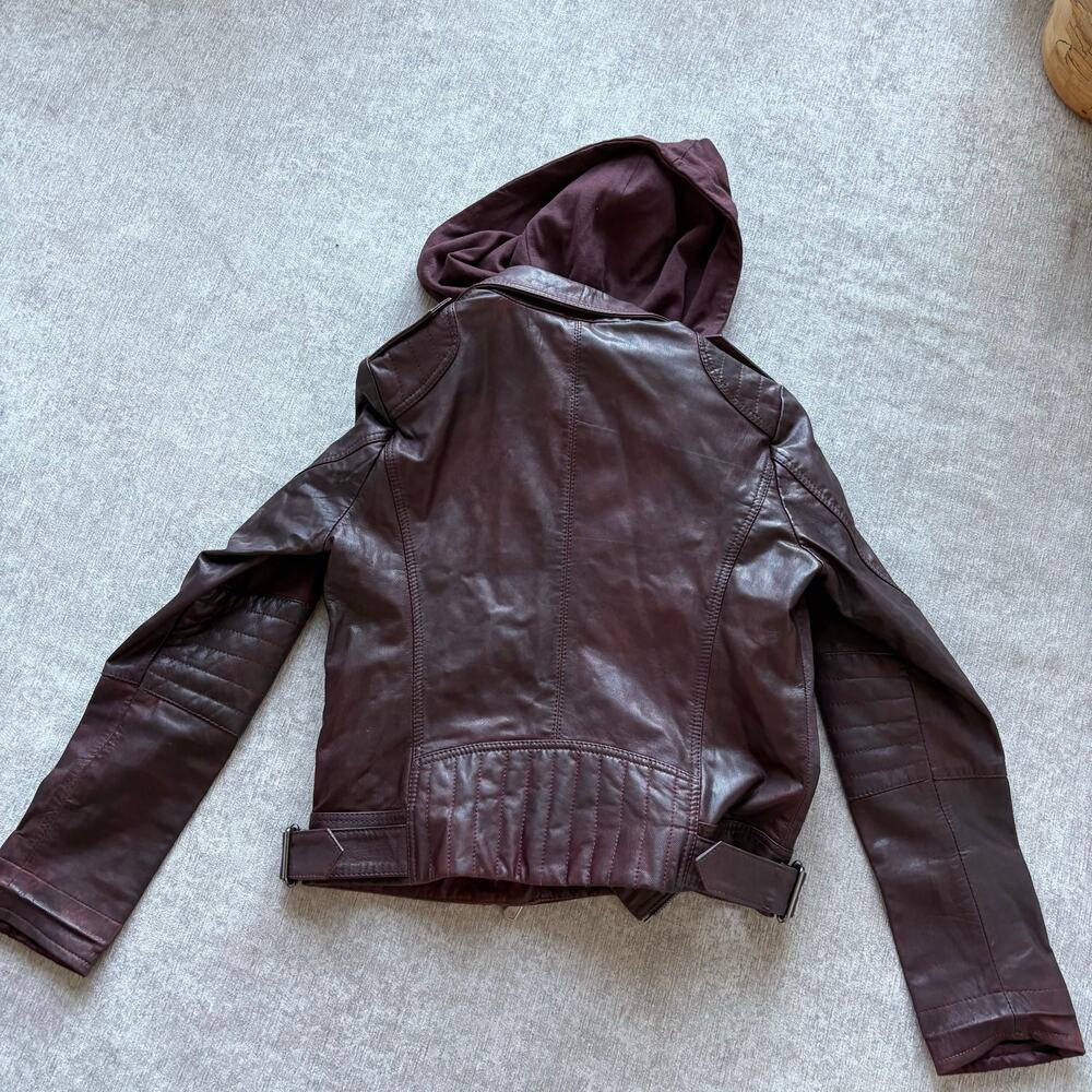 Velez Burgundy Hoodie Leather Jacket - Picture 6 of 7